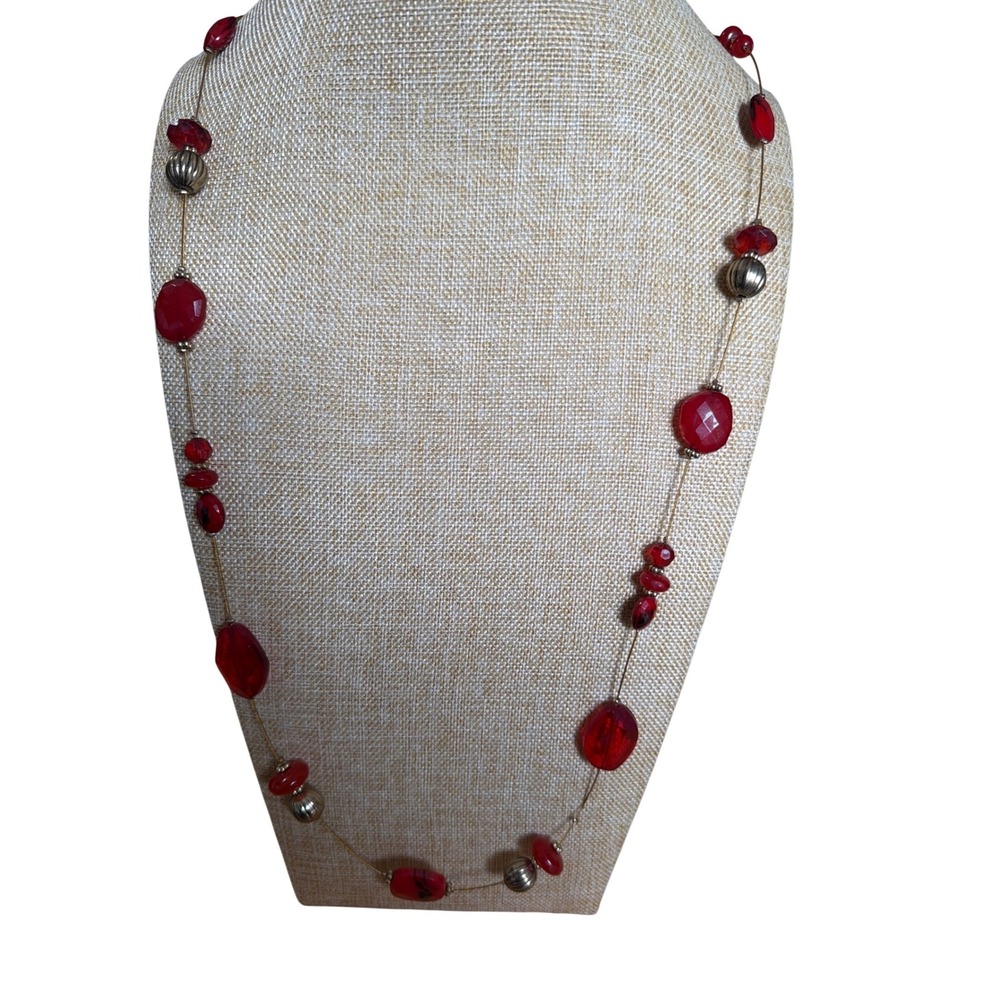 Red Beaded Station Necklace Gold Tone Long Bohemian Statement Layering